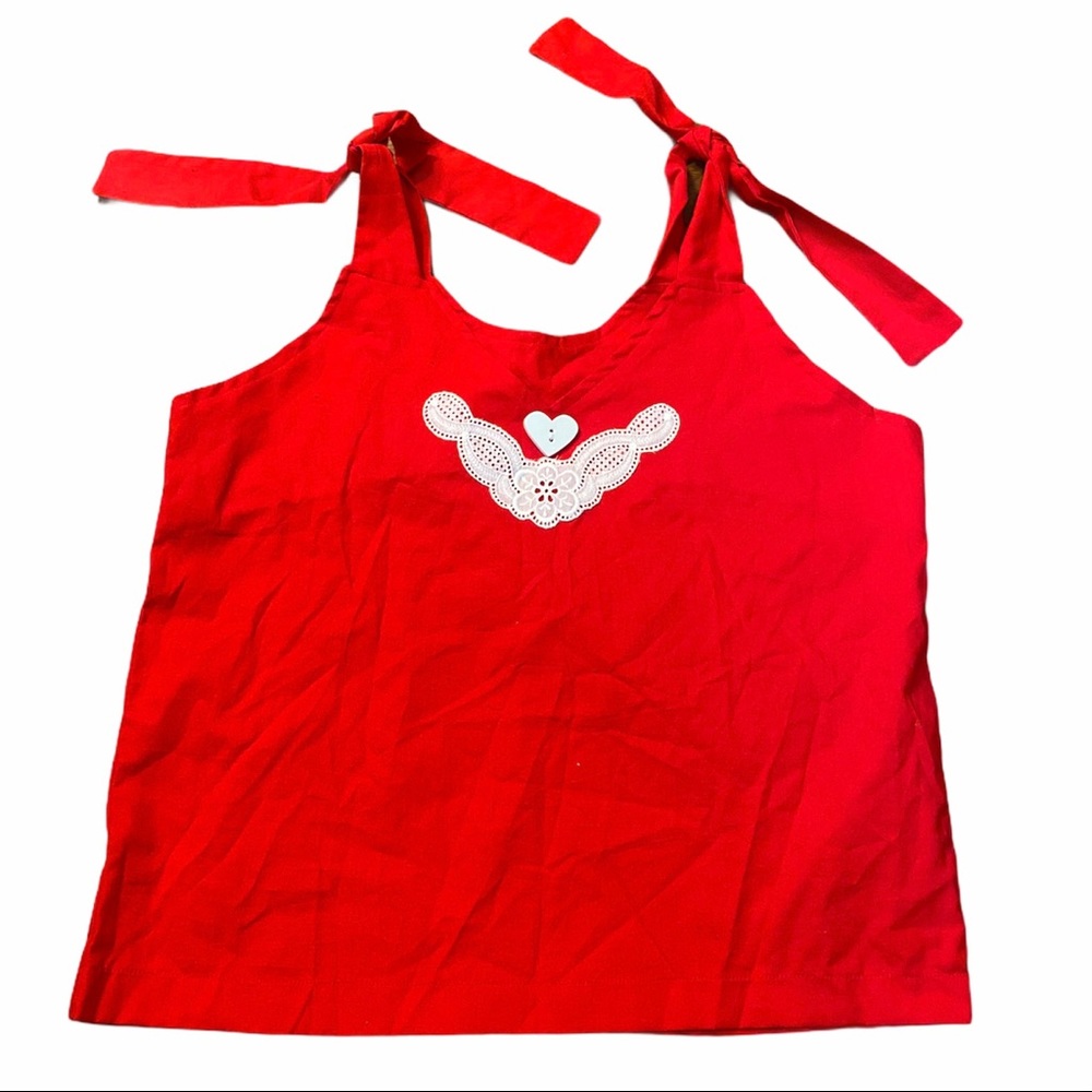 Vintage Cotton Handmade Red Tank Top with Tie Shoulders and‎ Heart Detail, L